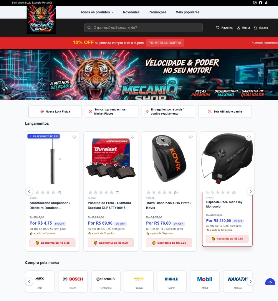 Captura da loja virtual MecaniQ Shop: busca, lançamentos, marcas e vitrine de produtos